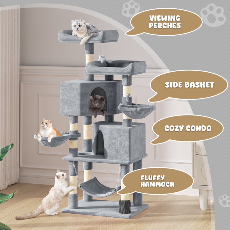 57.5" Large Multi-Level Cat Tree With Sisal Posts, 2 Cubbies, 2 Perches, And 3 Hammocks For Indoor Cats, Grey