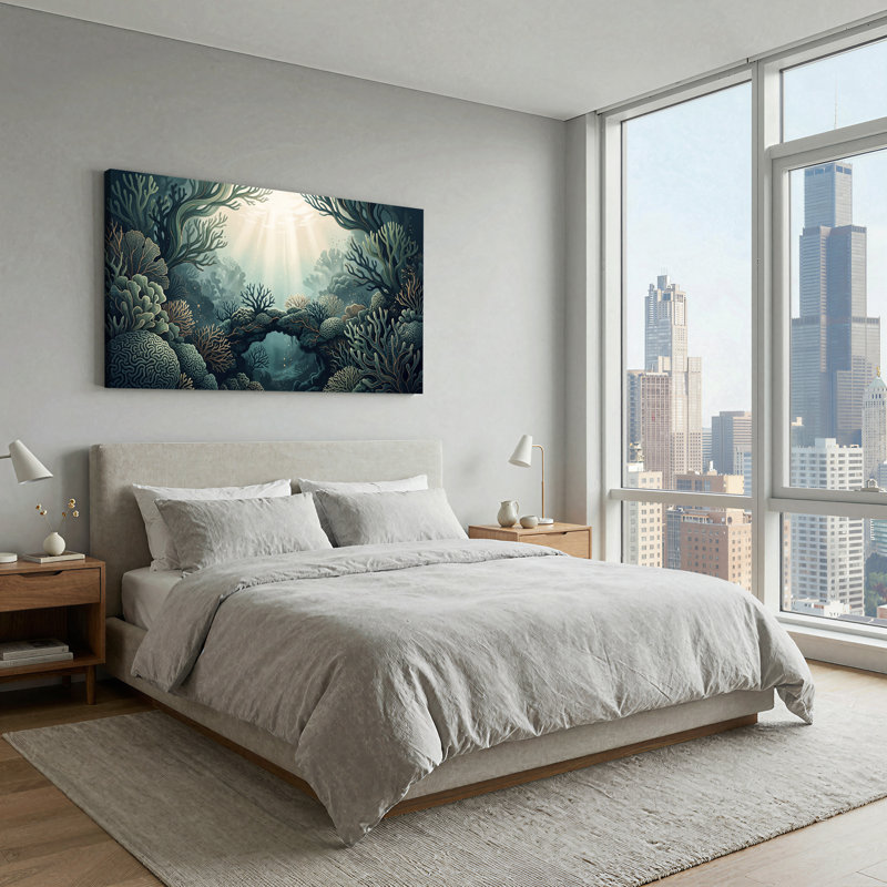 Art mural sur toile bleu sarcelle et récif corail avec rayons de soleil, L 32 po x H 16 po