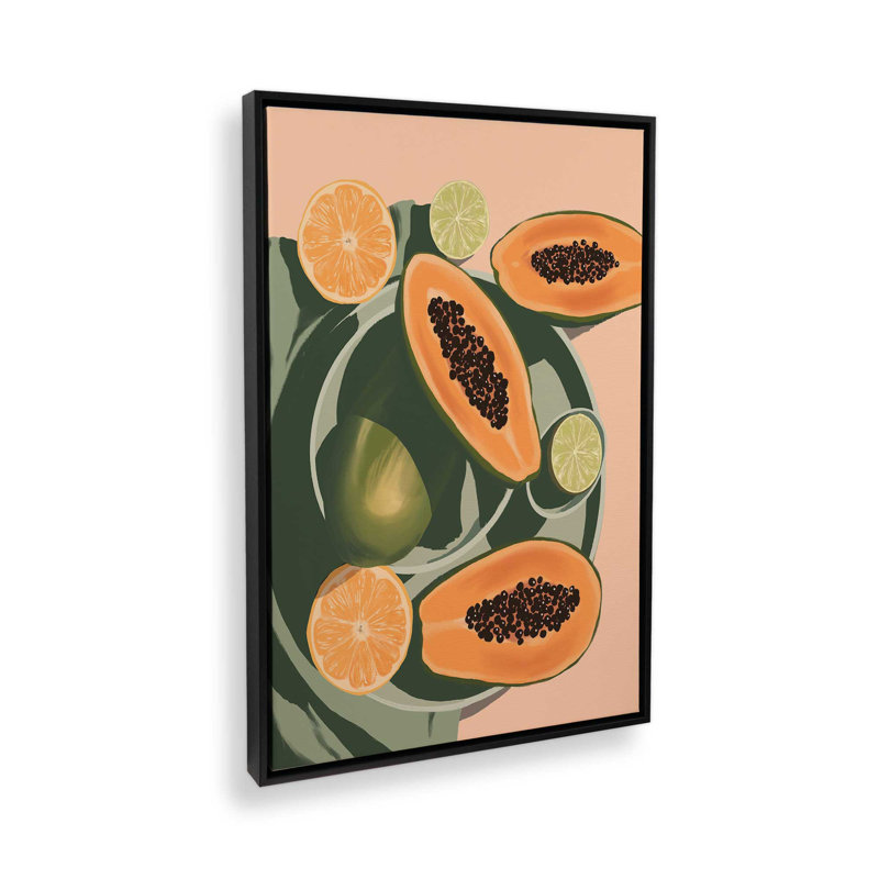 «Summer Papayas And Citrus» par Garima Dhawan, reproduction d'art, H 32 po x l 24 po, Noir
