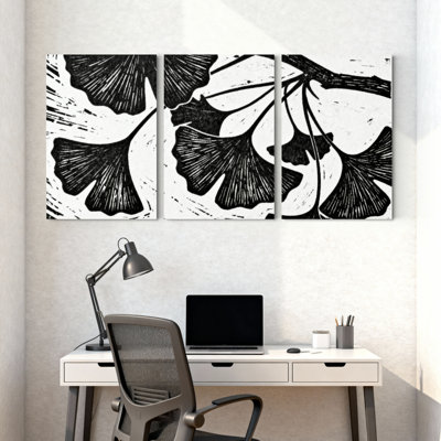 Ginkgo Leaf Black and White Linocut Style Canvas Wrapped Wall Art, Oil Painting Print (Set of 3)