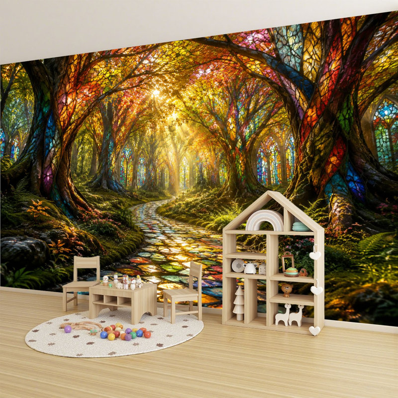 Papier peint adhésif pelez et collez, vitrail, forêt vibrante, arbres colorés colorés, art mural auto-adhésif et amovible