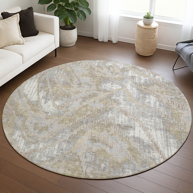 Tapis moderne lavable à la machine intérieur / extérieur ACN2927, Ivoire ivoire, Rond 8 pi
