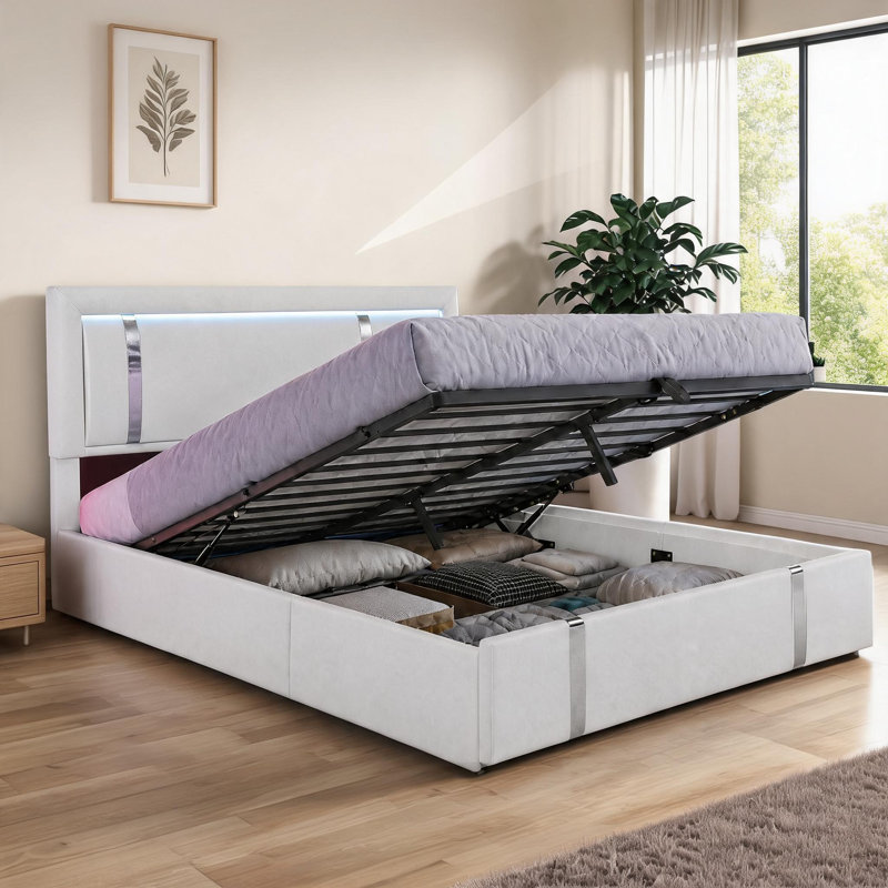 Structure de lit plateforme blanche et impeccable, lit de rangement pour grand lit, similicuir avec lumières DEL réglables et ports de charge USB-C