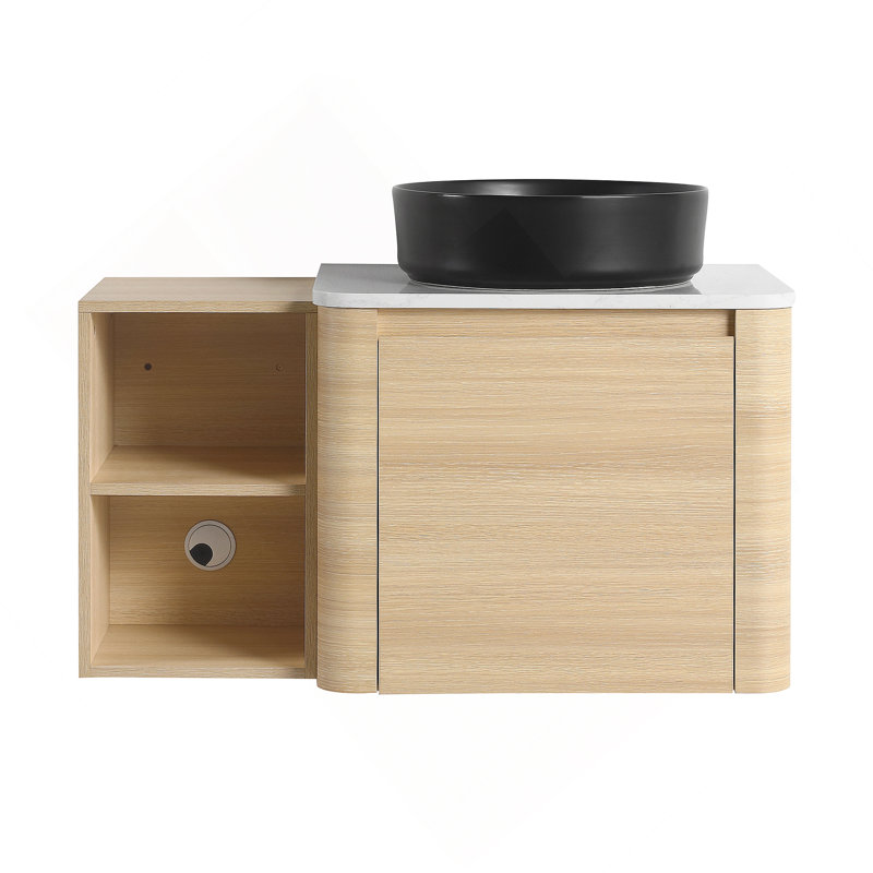 Meuble-lavabo mural 36 po avec lavabo d'art en céramique, tablettes de rangement et porte à fermeture en douceur pour salle de bain moderne