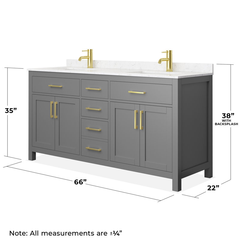 Beckett 66" Freestanding Double Bathroom Vanity with Cultured Marble Top, Brushed Gold, Carrara Cultured Marble, Dark Gray