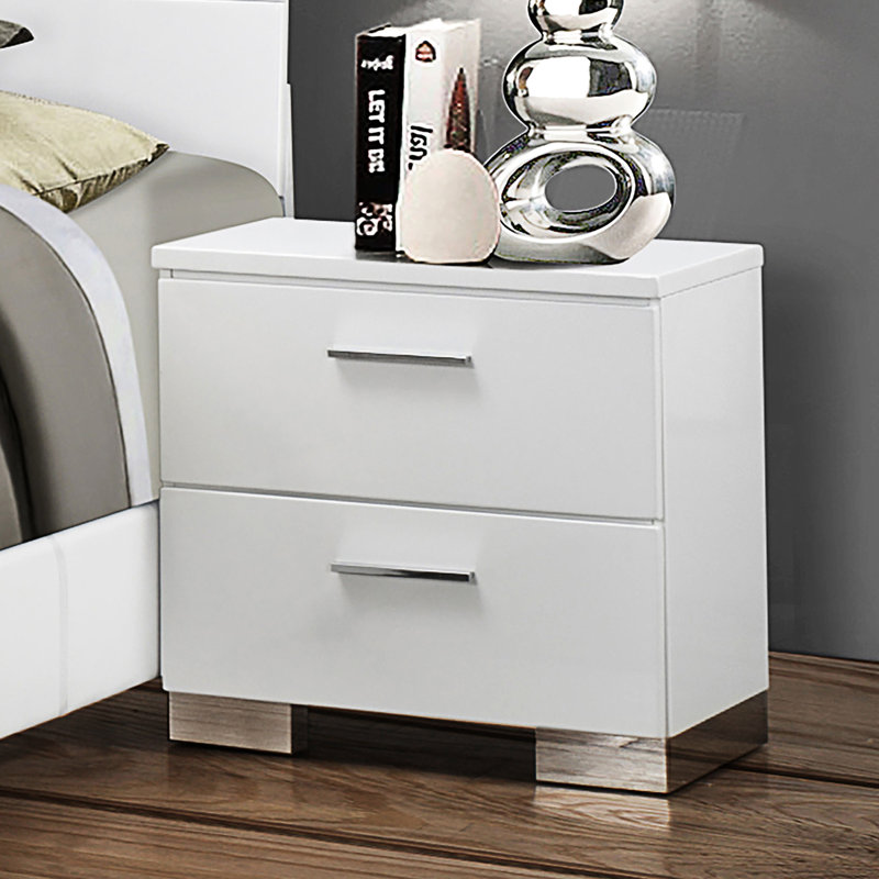 Table de chevet blanche brillante 2 - Solution de rangement pour chambre à coucher spacieuse Tiroirs doublés de feutre