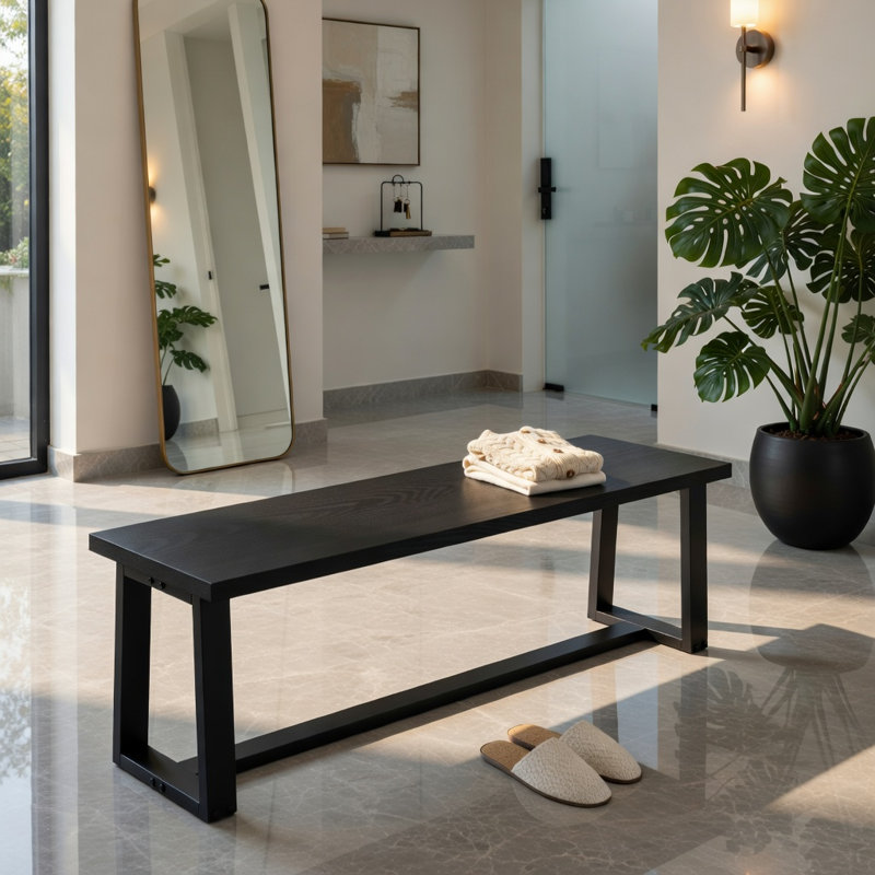 Banc de salle à manger réglable en bois noir avec structure en métal - plateau en bois d'acacia, L 56,5 po x l 16,5 po x H 18 po, peut supporter jusqu'à 440 lb