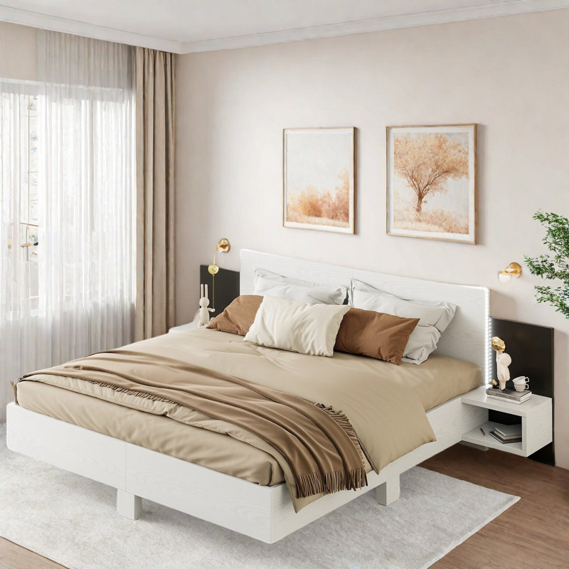 Wooden Floating Platform Bed With Led Lights And Built-in Nightstands, White
