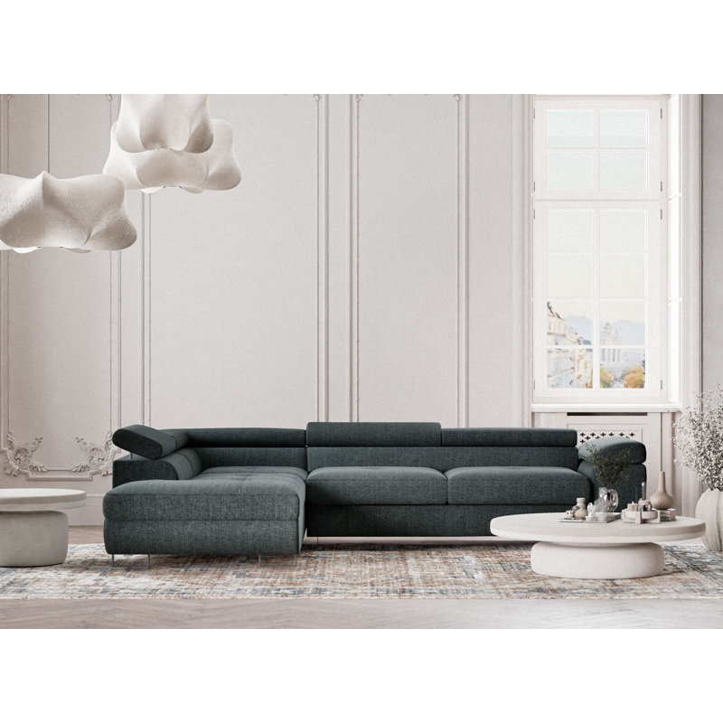 4 Seater Reclining Corner Sofa , Blue Polyester, Left Hand Facing