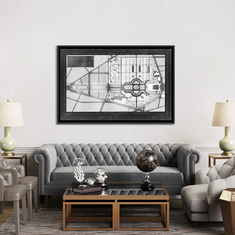 « french jardin blueprints ii », impression sur toile, H 40 po x l 60 po x P 1,5 po, Toile avec cadre noir, Pas de tapis