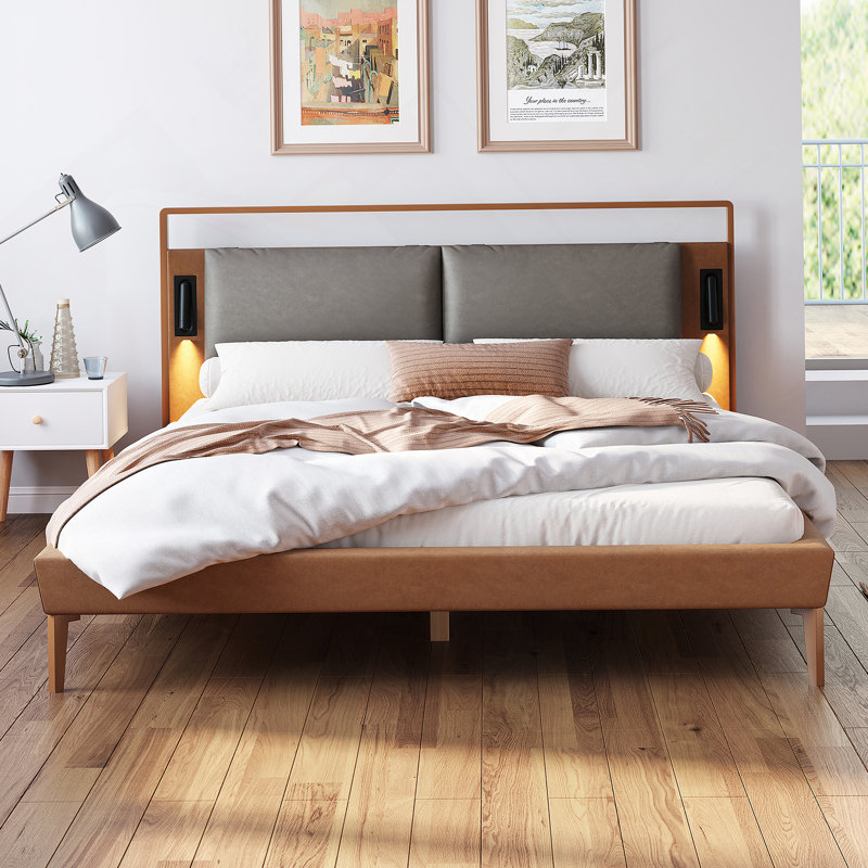 Lit double brun et gris avec veilleuses 2 pièces, Double