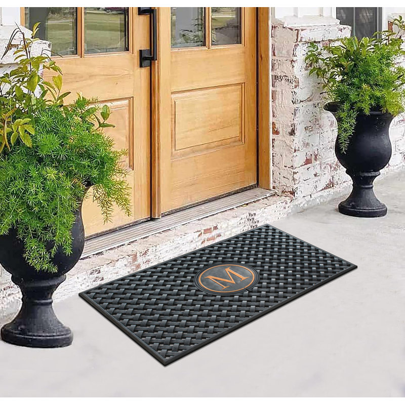 Monogram Large Weave Pattern Door Mat, 24"x39", Natural Rubber, Black, Outdoor Entryway Dirt-Scraper, M