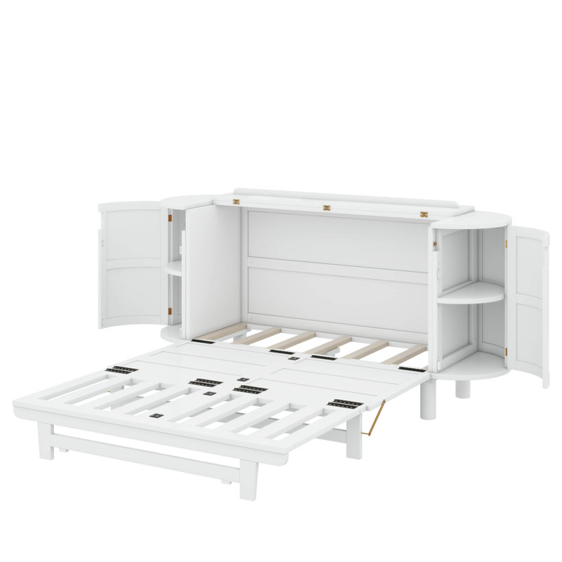 Lit escamotable avec rangement caché et détails tissés modernes, Double, Blanc