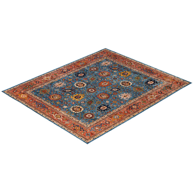 Tapis unique noué à la main Dobbins - bleu clair, 8 pi 2 po x 9 pi 10 po