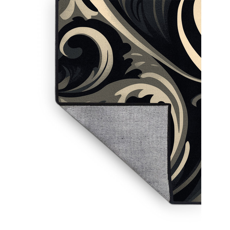 Machine Washable Penola Ornate Glam Damask Rug in Gray – Black Binding, 8' Round