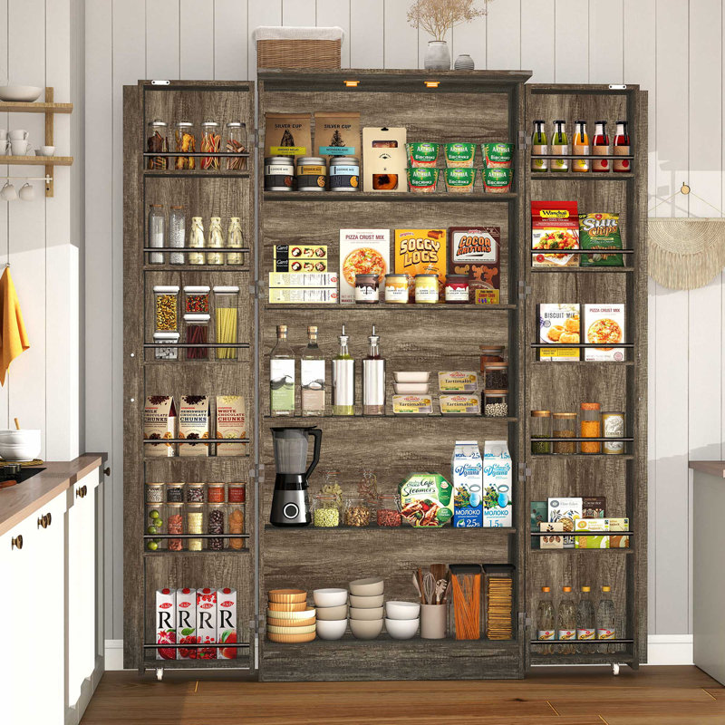  67" Farmhouse Kitchen Food Pantry, Tall Storage Cabinet with 2 Barn Doors and Adjustable Shelves, Gold