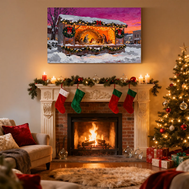 Crèche de Noël avec neige et lumières, ensemble de 3 impressions sur toile, H 16 po x l 24 po