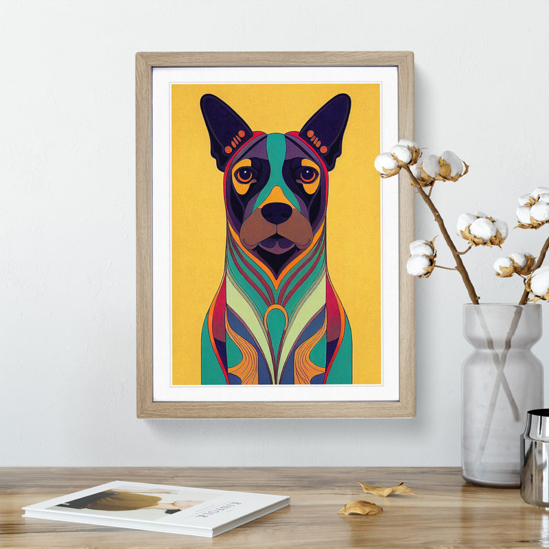 Dog Deco No.3 - Single Picture Frame Print, 64cm H x 46cm W x 2cm D, Oak
