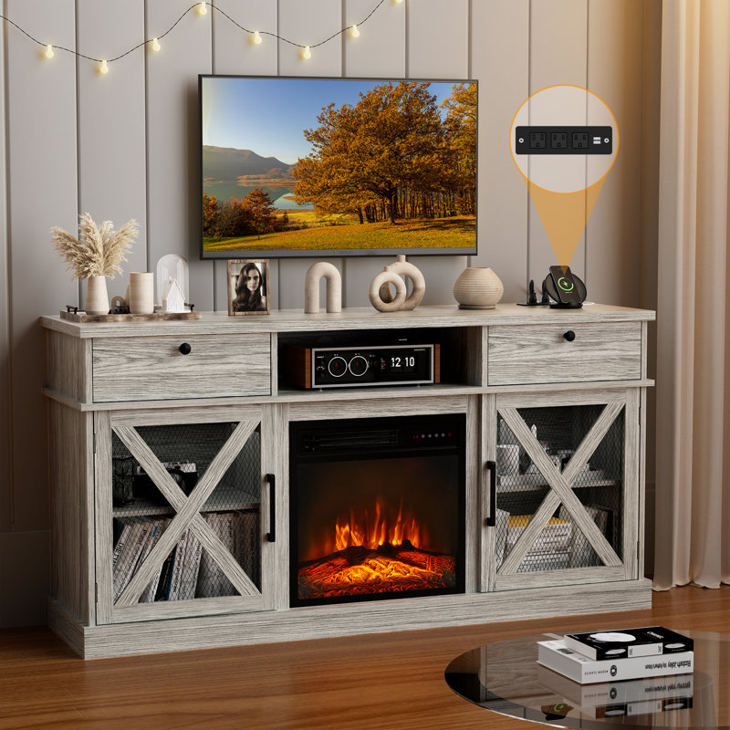 Crédence de rangement avec foyer électrique 58,07 po Hermis, Gris