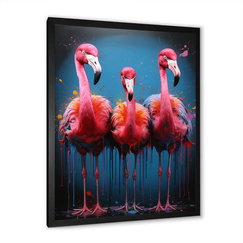 Flamingo Beach Family - art mural bord de mer tropical, Cadre photo noir, H 44 po x l 34 po x P 1,5 po