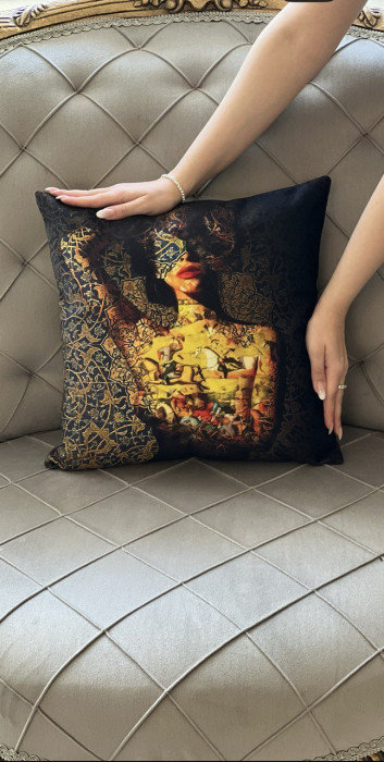 Velvet Oriental Square Pillow Cover & Insert, 16" H x 16" W, Black/Yellow