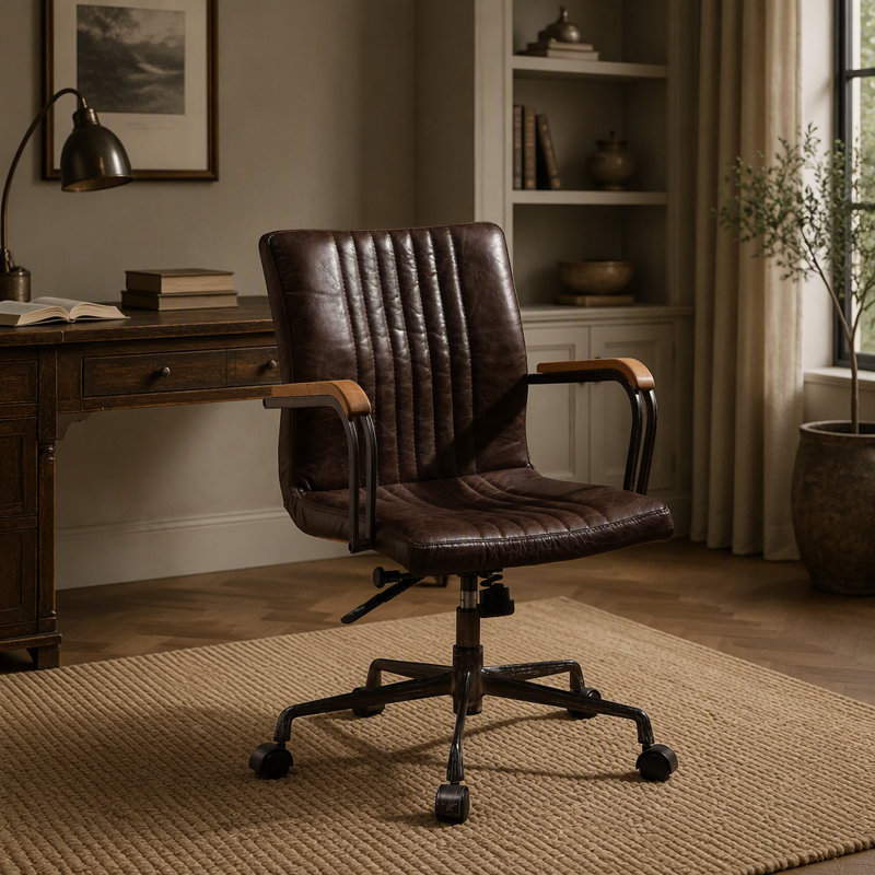Fauteuil de bureau Joslin en cuir à hauteur réglable, avec rembourrage épais et roulettes pivotantes pour un confort d'assise optimal.