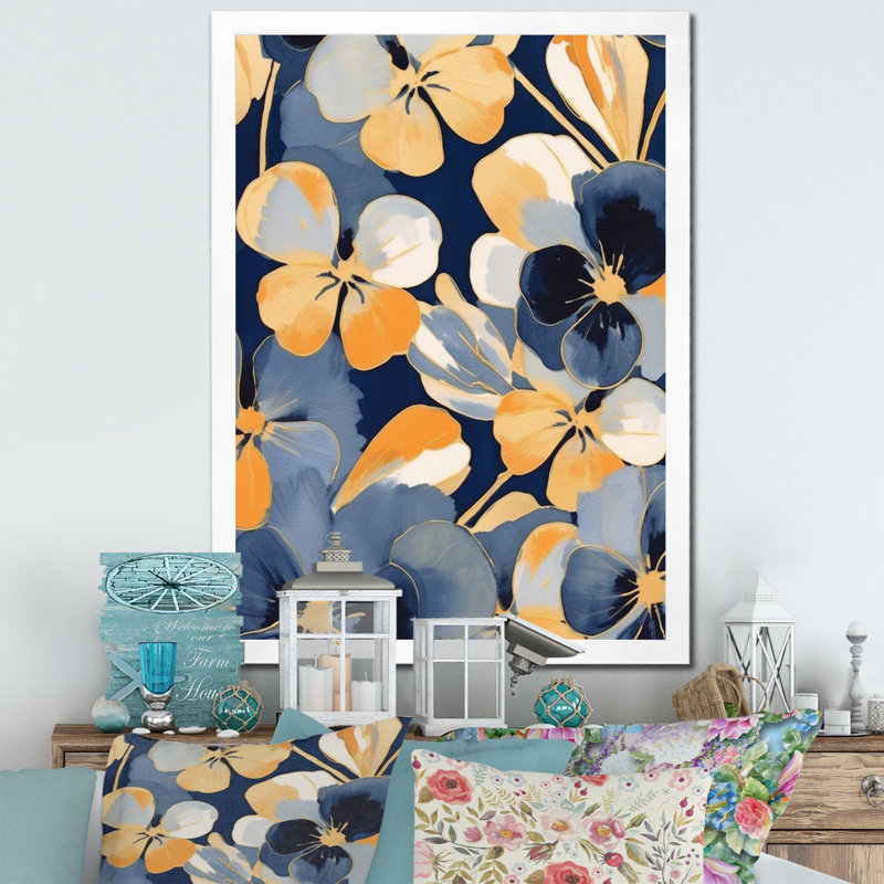 «Black and Yellow Minimalisme Pansies I», reproduction sur toile, H 20 po x l 12 po x P 1 po, Cadre photo blanc