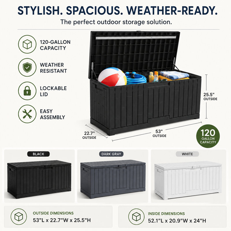 Edrosie Inc 53'' W 120 Gallons Water Resistant Resin Lockable, White