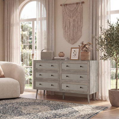 Augustina Rattan 6 Drawer Dresser for Bedroom, 47.3'' Wide Boho Double Dresser, Storage Dresser & Chest with Wooden Knobs