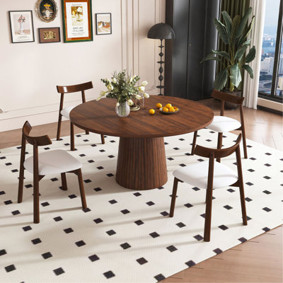 47 inch Round Dining Table Set for 4, Modern Farmhouse Kitchen Table with Wood Strip Base & 4 Solid Wood Chairs, Walnut Finish Circle Table Set for Kitchen and Living Room