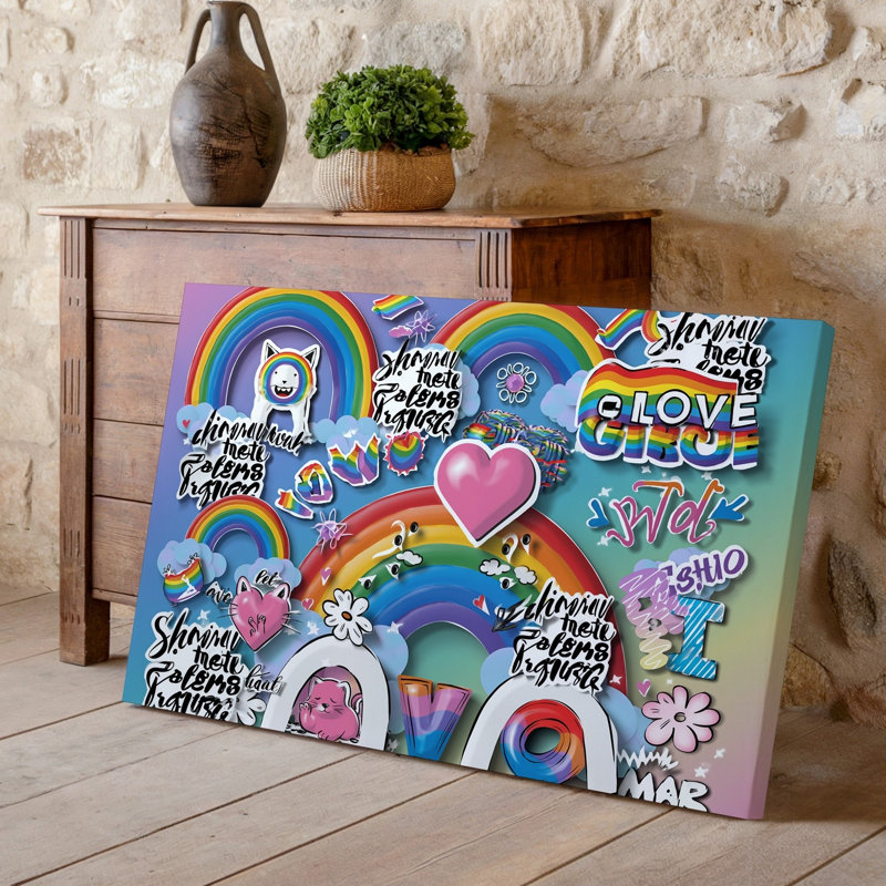 La toile crée un collage vibrant qui célèbre les thèmes LGBTQ avec un mélange d'art mural d'éléments graphiques colorés tels que des arcs-en-ciel sur toile