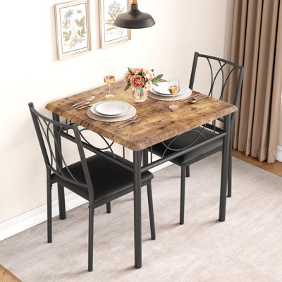 Ensemble de table de salle à manger 3 pièces peu encombrant, table de cuisine carrée avec 2 chaises rembourrées - bois et métal, compact pour petits espaces et appartements - brun rustique