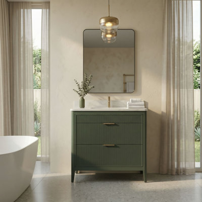 36'' Freestanding Single Sink Bathroom Vanity with 1.4'' Thick Engineered Stone Top and Solid Wood Frame, Sage Green