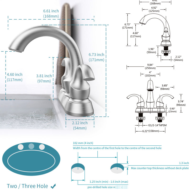 Robinet de salle de bain en nickel brossé, 2 poignées, 10 cm, avec aérateur élégant et bonde escamotable. Robinet pour 2 lavabos en nickel, design élégant, facile à installer.