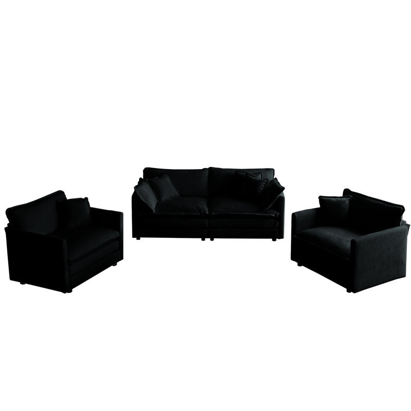 3 pièces avec coussins d'accoudoir, chenille noire, sièges relaxants, coussins décoratifs dans un cadre,