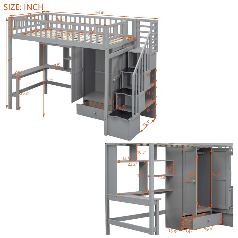 Loft Bed With Bookshelf,Drawers,Desk,And Wardrobe, Twin, Gray
