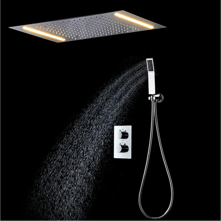 Polished chrome shower system with rainfall head and flexible handheld sprayer for comfort