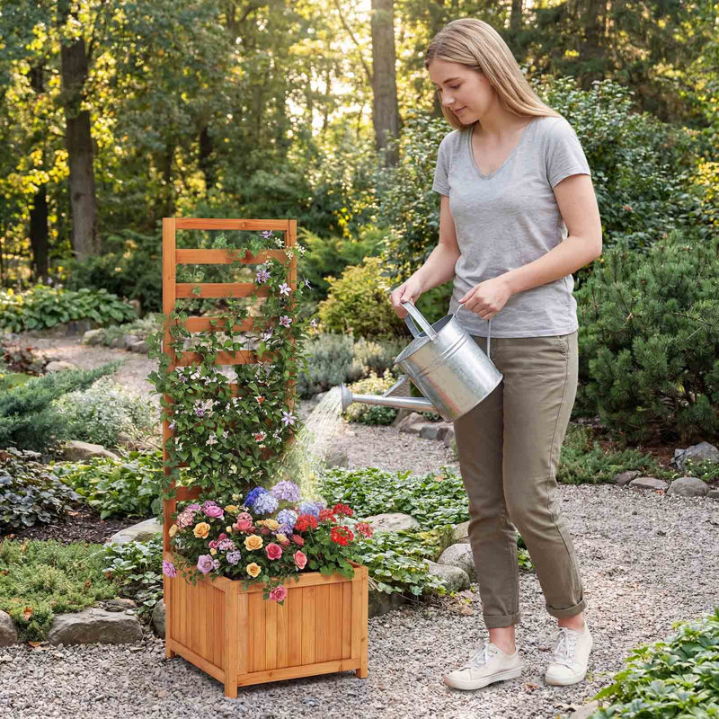  Lit de jardin surélevé en bois 48 po avec trous de drainage en treillis et espaces pour plantes grimpantes, 1