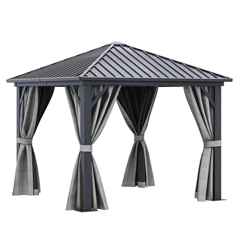 10x10ft Hardtop Gazebo with Nettings and Curtains,Heavy Duty Galvanized Steel Outdoor Vertical Stripes Roof for Patio, Backyard, Deck, and Lawns