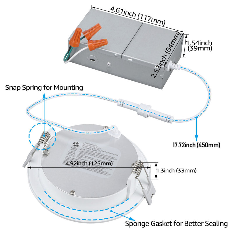 Éclairage encastré à DEL de 4 pouces avec boîte en J, luminaire encastré ultra-mince à intensité variable 5 CCT