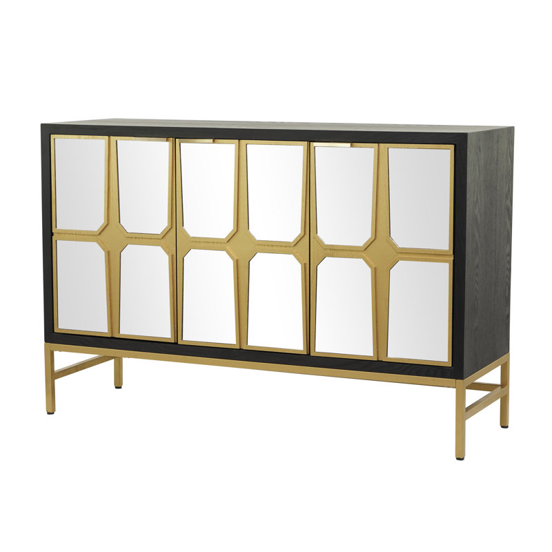 Wooden 1 Shelf and 3 Doors Room Cabinet with Mirrored Front, Black