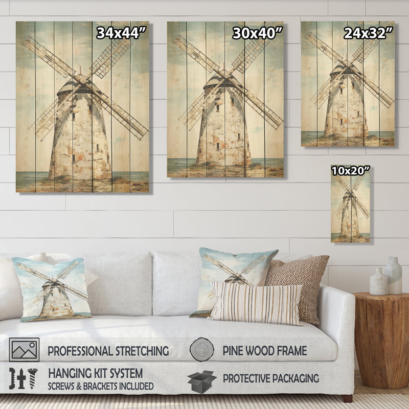 «Vintage Windmills At The Beach II» - Éoliennes sur bois, H 44 po x l 34 po