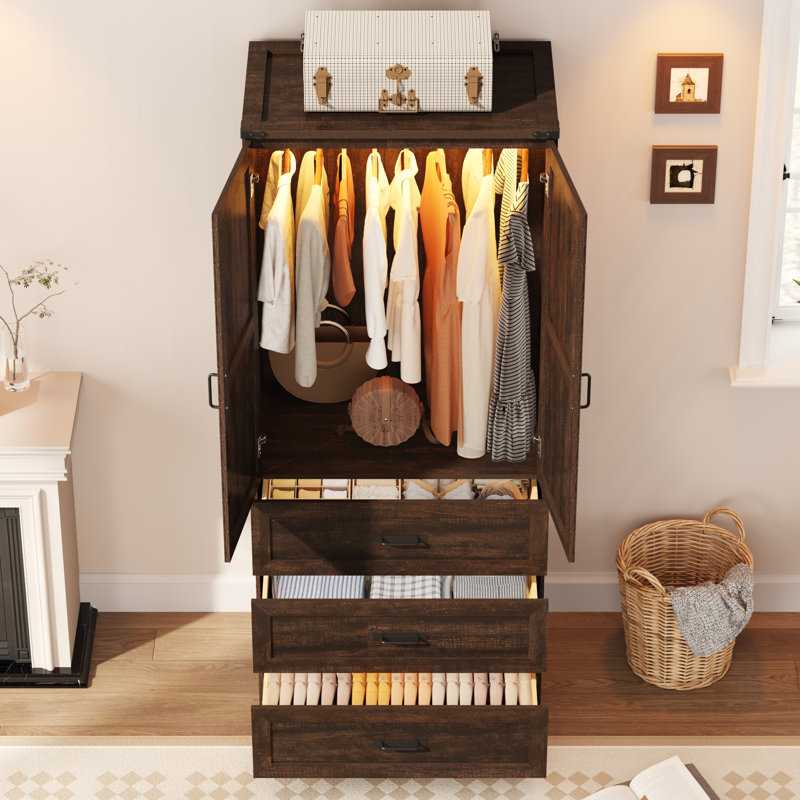 Armoire de style champêtre avec éclairage DEL, meuble de rangement autoportant pour chambre à coucher avec garde-robe et 3 tiroirs