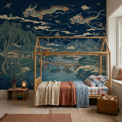 Papier peint mural Dragons Volants Ciel Bleu Marine Foncé Paysage Oriental