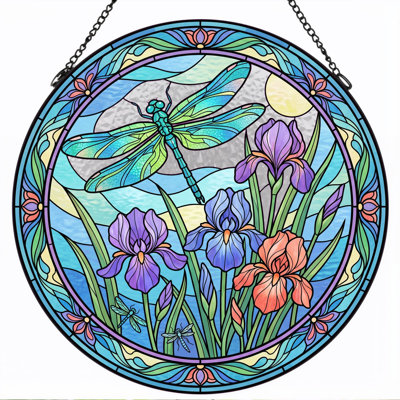 Dragonfly Iris Stained Glass Window Panel，7.8H