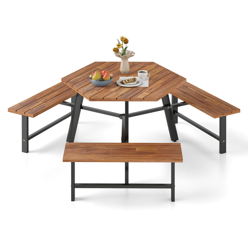 Ensemble de table de pique-nique en bois d'acacia pour 6 personnes avec cadre en métal à 3 sièges