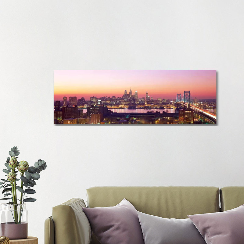 Arial View Of The City At Twilight, Philadelphia, Pennsylvania, USA by Panoramic Images - Wrapped Canvas Panoramic Print