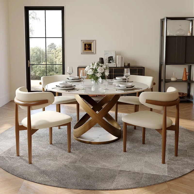 Ensemble de salle à manger moderne 5/7 pièces, ensemble de table de salle à manger rond pré-assemblé, ensemble de table de salle à manger en pierre frittée avec chaises rembourrées