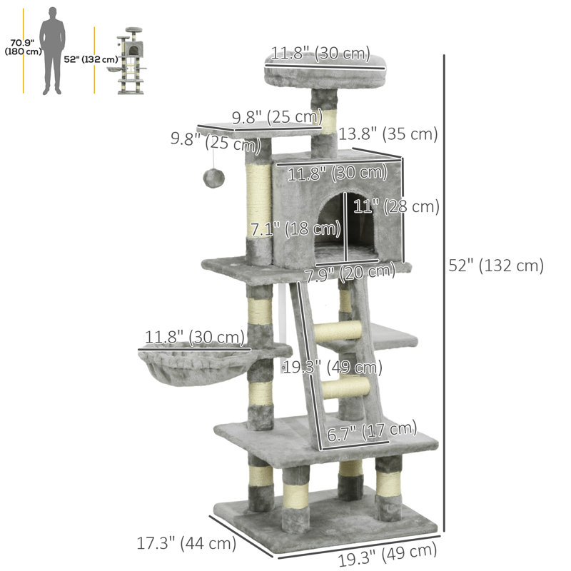 Arbre à chat Tucker Murphy Pet ™, tour pour chat avec poteau à griffer en sisal, maisonnette pour chat, hamac, lit, échelle, plateformes, boules pour chat, gris clair