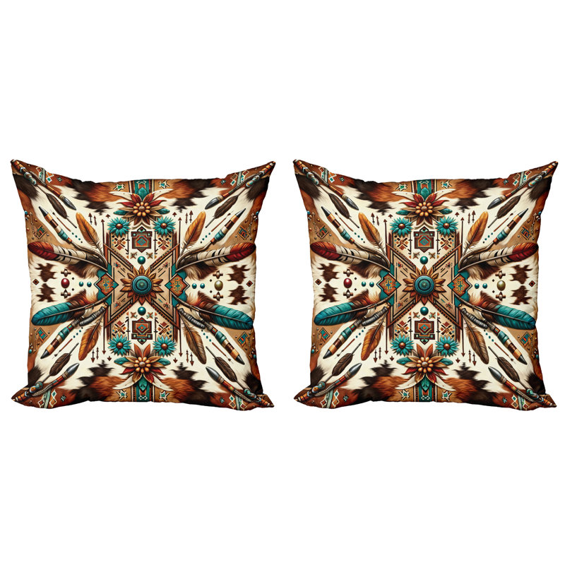 429807_Ambesonne, housse de coussin rustique, ensemble de 2 plumes d'inspiration aztèque, H 16 po x l 16 po